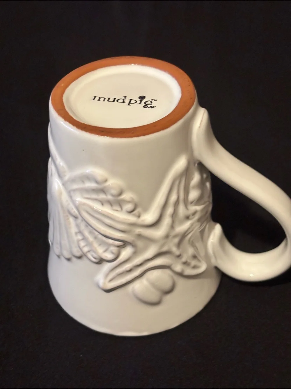 Mud Pie Milk-Glazed Terracotta Embossed Coffee Mug. Seashell and Starfish